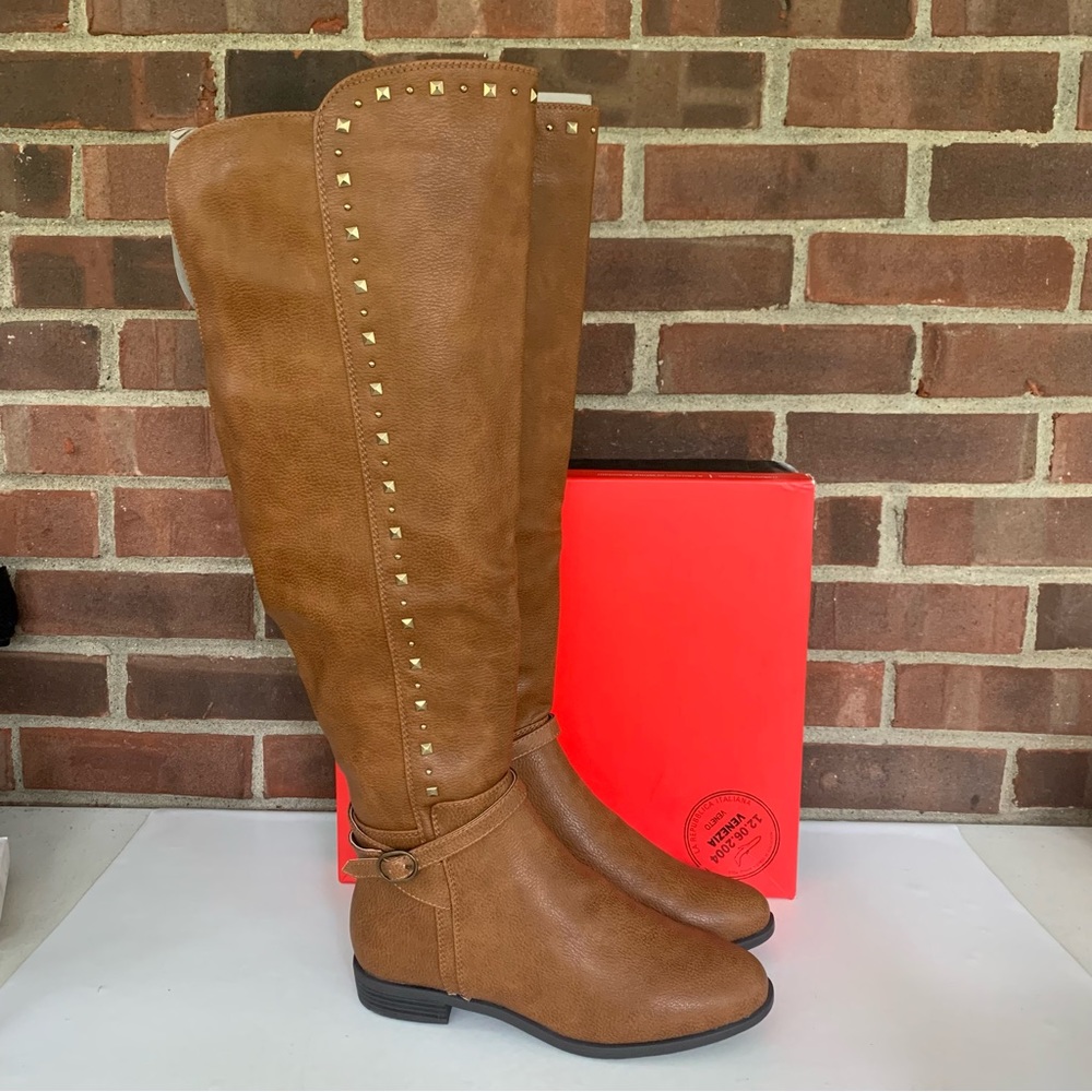 Rialto Ferrell Cognac Almond Toe Block Heel Over the Knee Boots Women US 7 M WC